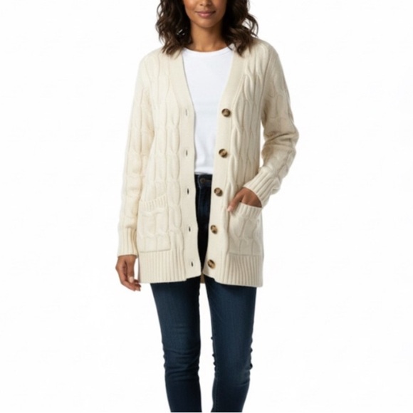 PrettyGarden Cable Knit Button Down Chunky Cardigan Sweater Small White Long - Picture 2 of 12